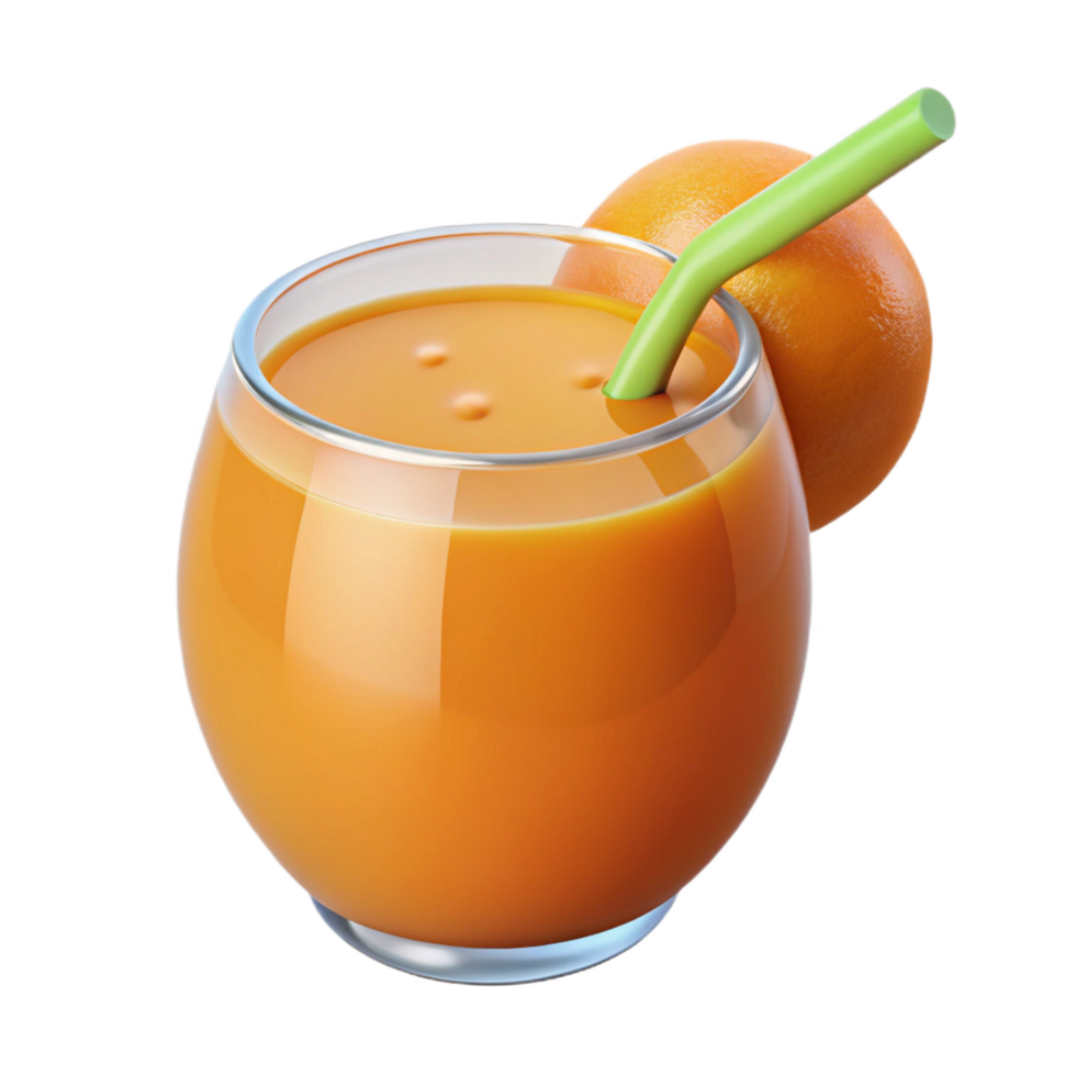 3d Refreshing Glass of Orange Juice with a Green Straw and Orange Slice png