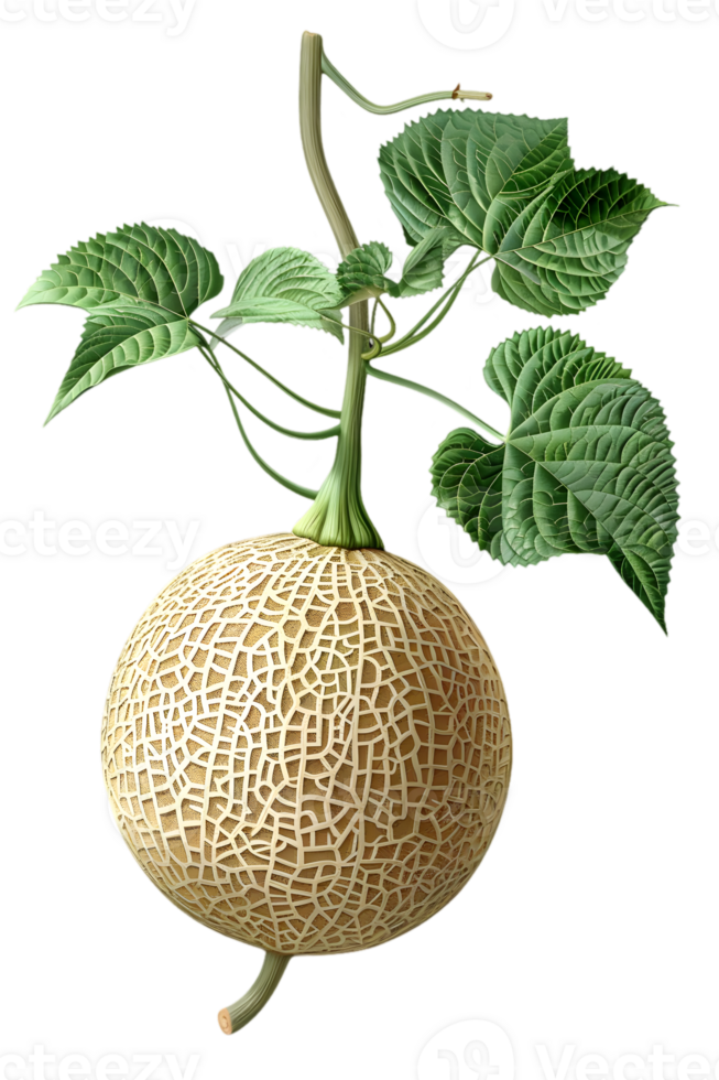 Pixelated Cantaloupe with Stem and Leaves Against Transparent Background png