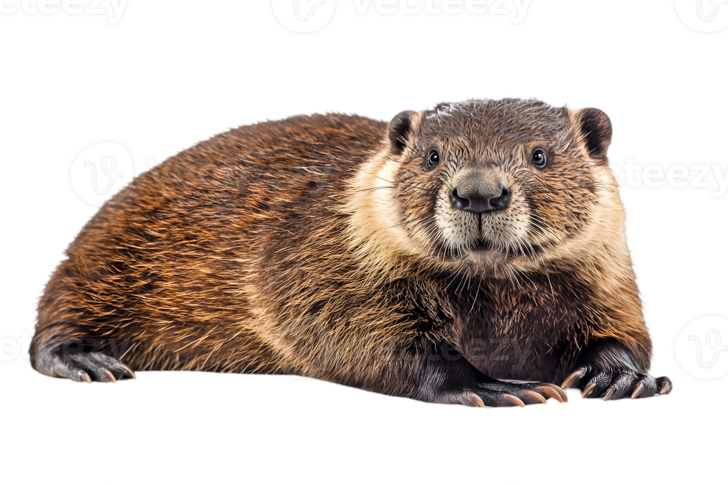 Portrait of a Brown Beaver with Fur Lying Down on Transparent Background Mammal with Cute Face png