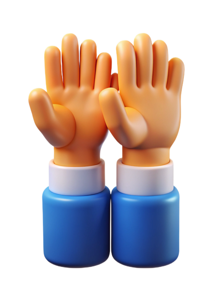 3D Render of Two Cartoon Hands Raised in the Air a Sign of Participation or Question png
