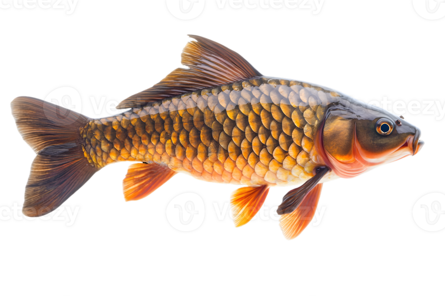 Single Orange and Brown Scaled Carp Freshwater Fish Swimming in Transparent Background png