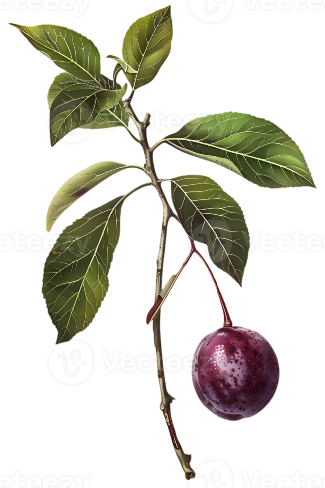 Single Plum Hanging from a Branch with Green Leaves on Transparent Background Still Life Botanical Illustration png