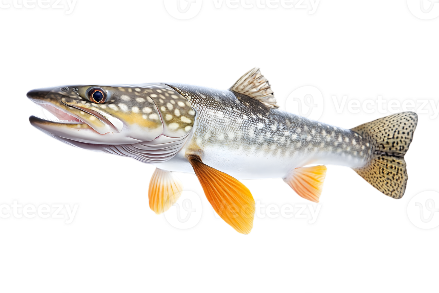 Speckled Brook Trout Swimming Freely Against Transparent Backdrop Freshwater Fish with Distinctive Markings and Vibrant Orange Fins png