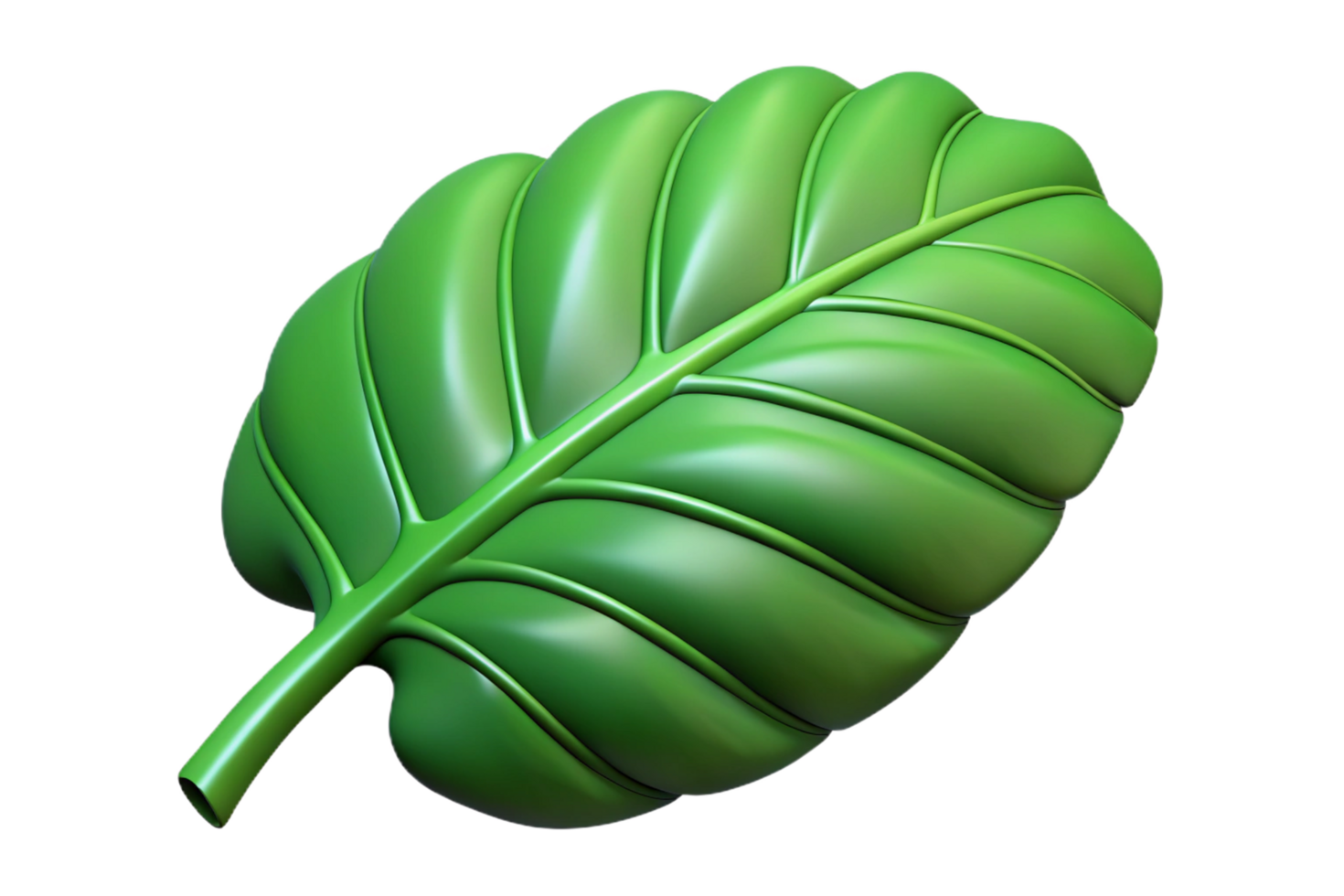 3D Render of a Single Shiny Green Leaf with Prominent Veins and Texture png