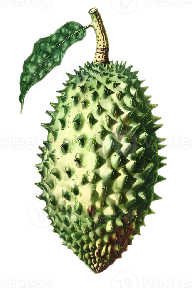Spiky Green Soursop Fruit with Leaf on a Transparent Background Close Up of Graviola and Annona Muricata with Healthy Sweet Tropical Flavor png