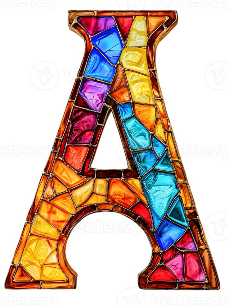 Stained Glass Letter A with Mosaic Design in Vibrant Colors Isolated on Transparent Background png