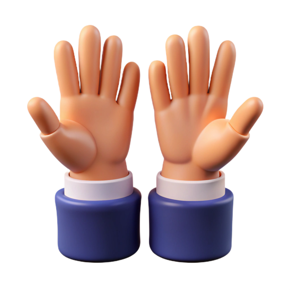 3D Render of Two Cartoon Hands Raised in a Gesture of Surrender or Asking a Question png