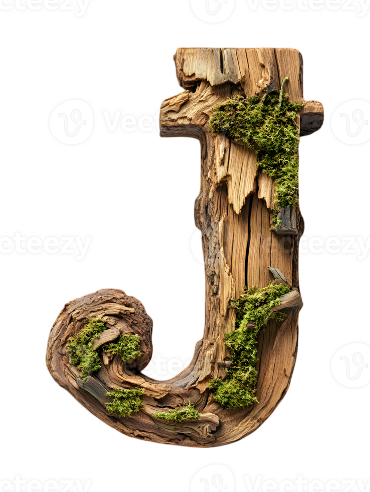 Rustic Letter J Crafted from Weathered Wood and Green Moss on Transparent Background Decorative Alphabet Isolated Symbol png