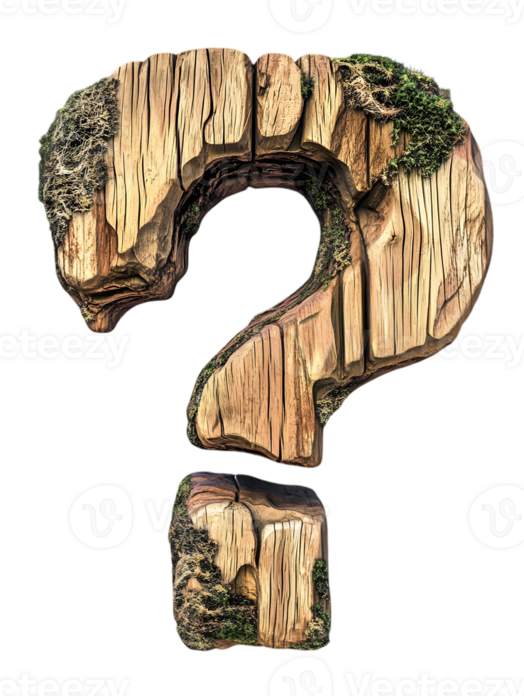 Rustic Wooden Question Mark with Moss Detail on Transparent Background png