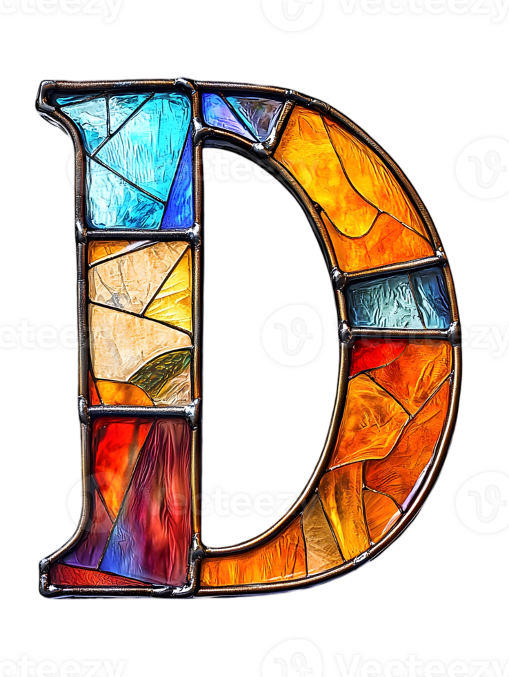 Stained Glass Letter D with Vibrant Colors Isolated on Transparent Background Decorative Alphabet Mosaic Design in Detailed Art png