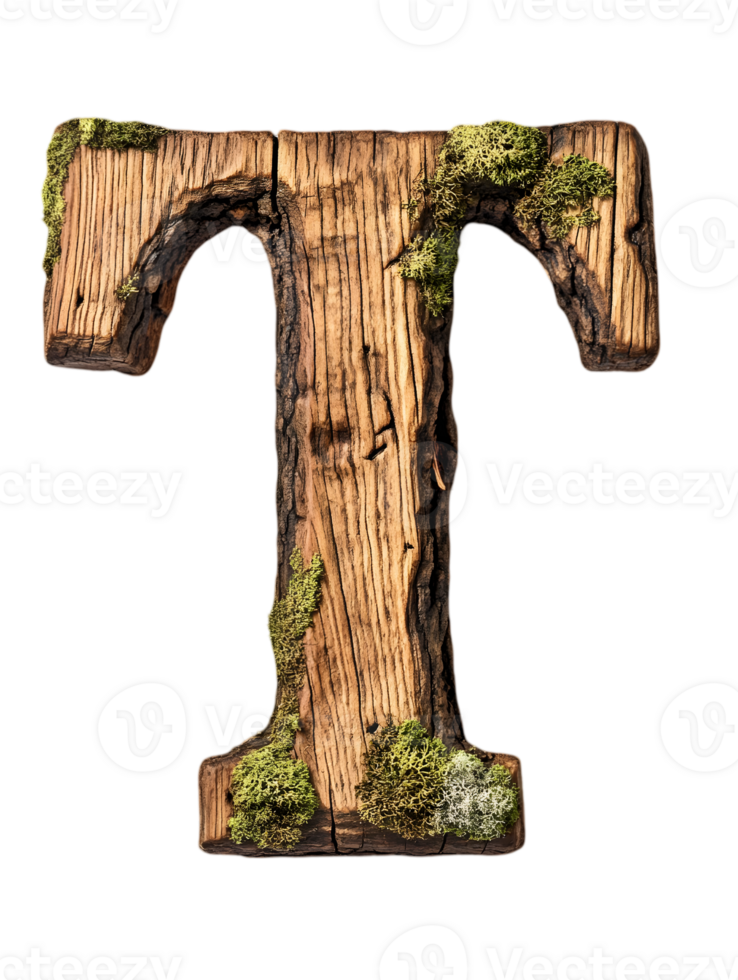 Rustic Wooden Letter T with Moss Decoration on Transparent Background for 3D Renderings and Creative Projects png