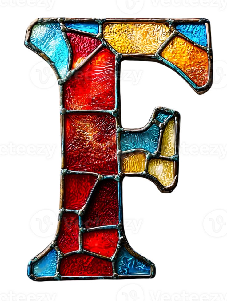 Stained Glass Letter F in Red and Blue with Metal Frame on Black Background Isolated png