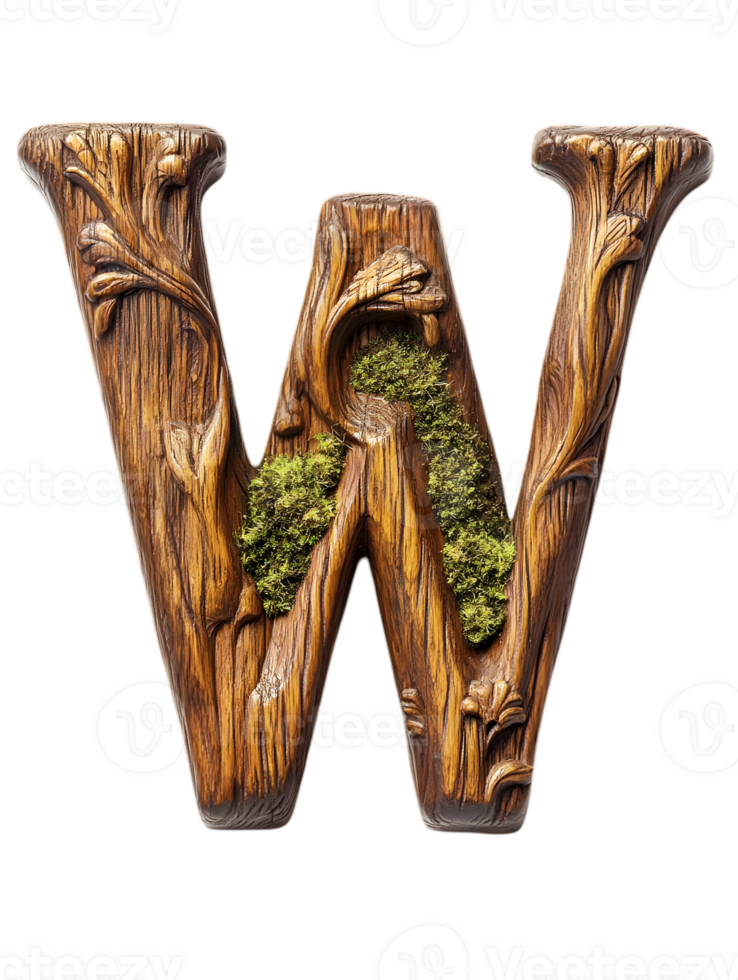 Rustic Wooden Letter W with Moss Accents Carved Intricate Details and Natural Bark Texture Against Transparent Backdrop png