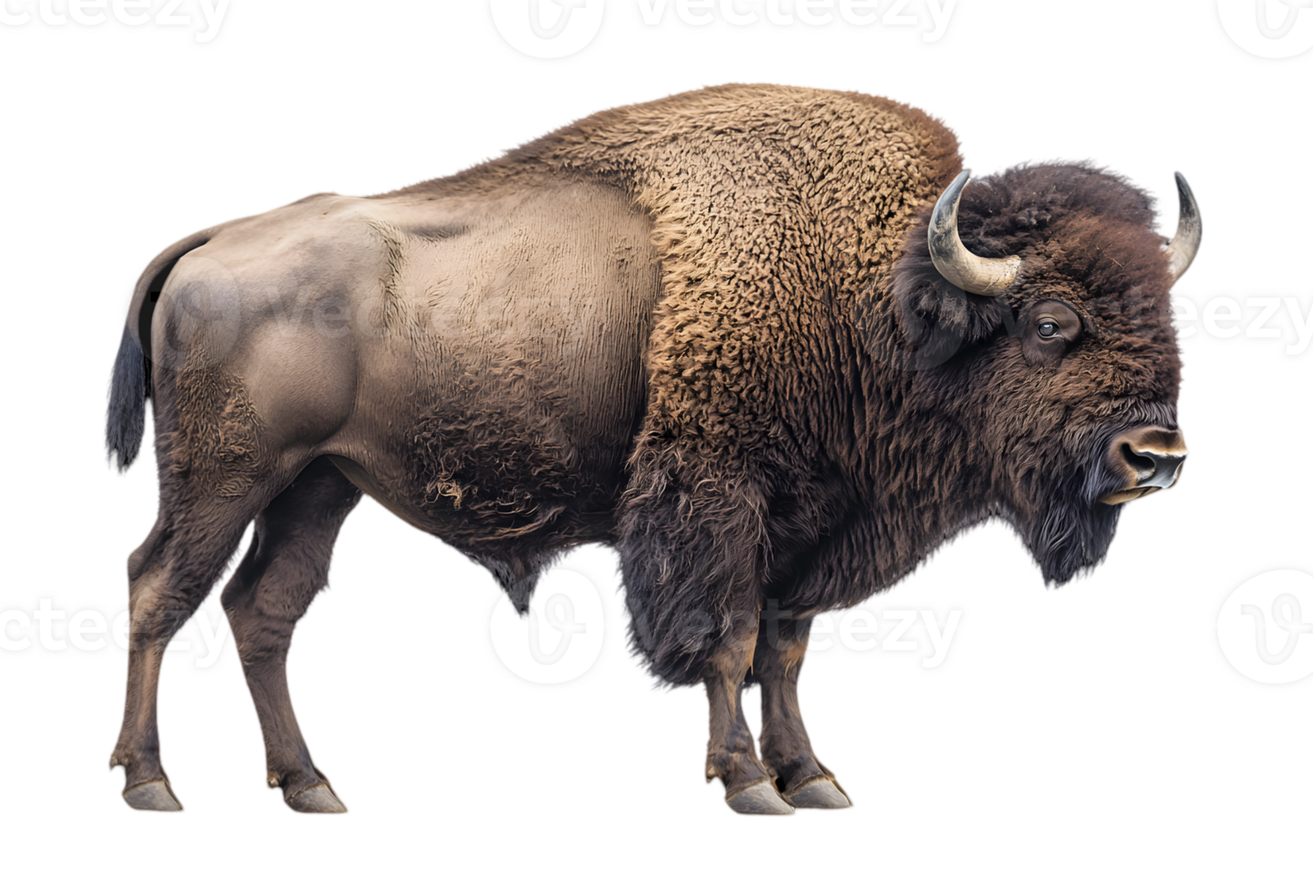 Side View of a Brown Bison Standing on Transparent Background Wildlife Mammal with Large Horns and Fur Animal Isolated png