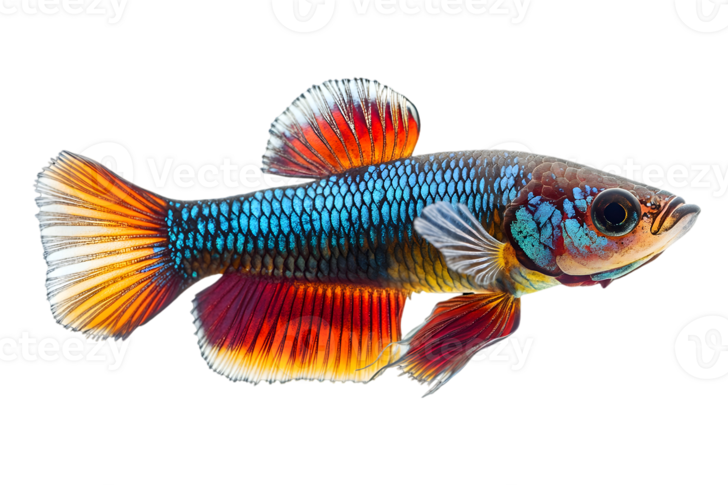 Siamese Fighting Fish with Vibrant Blue Red and Orange Scales Isolated on Black Background png