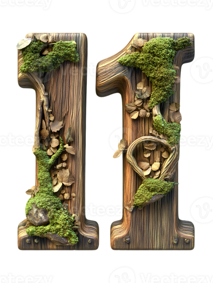 Rustic Wooden Number One with Mossy Texture Against Transparent Background png