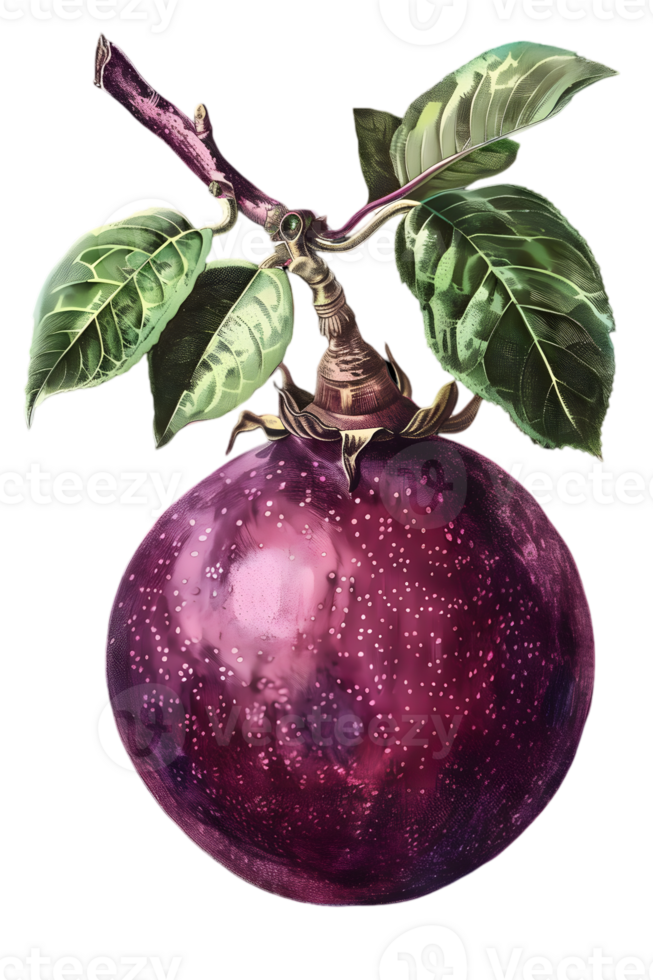 Single Purple Passionfruit on Branch with Green Leaves Isolated on Transparent Background png