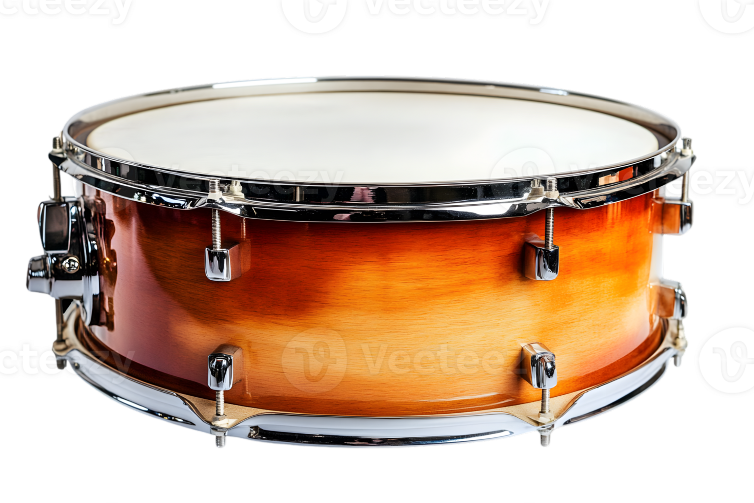 Single Snare Drum Musical Instrument with Orange and Brown Wooden Body Chrome Rims on Black Background png