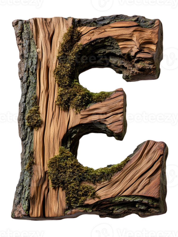 Rustic Wooden Letter E with Moss on Transparent Background Detailed Textural Alphabet Character Close Up 3D Rendering png