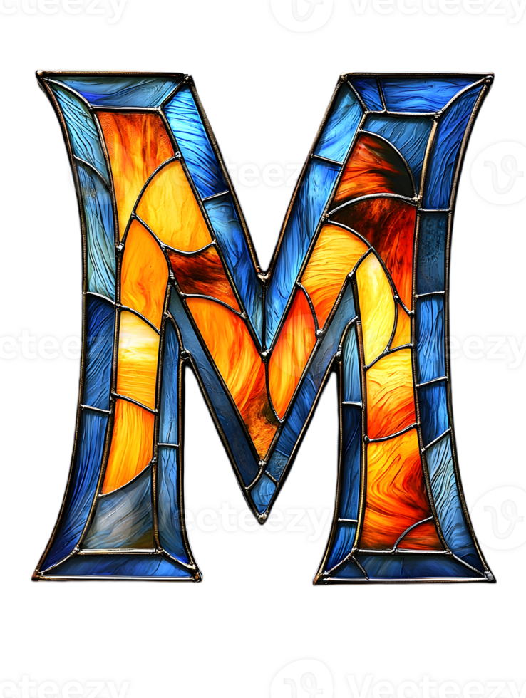 Stained Glass Letter M in Blue and Orange Tones with Detailed Mosaic Design Isolated on Transparent Backdrop png