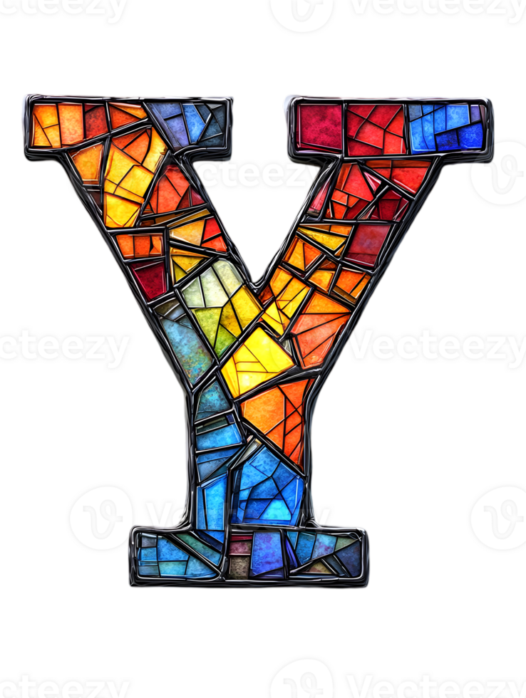 Stained Glass Letter Y with Mosaic Design in Vibrant Colors on Transparent Background png