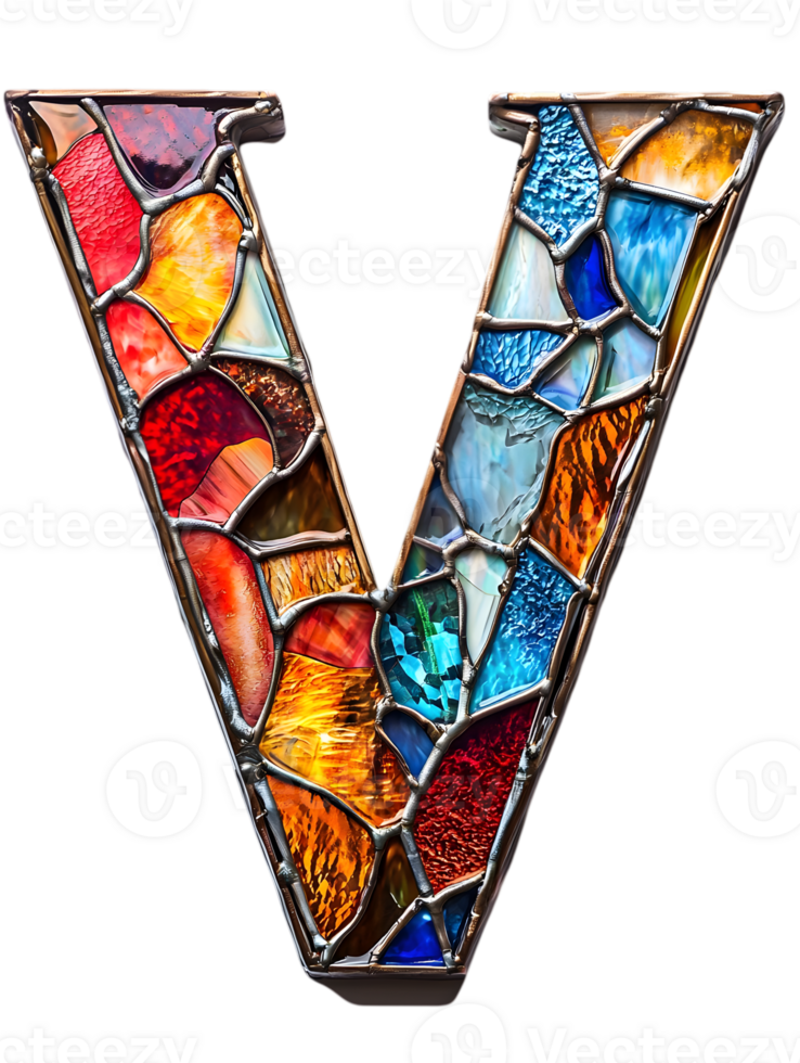 Stained Glass Letter V Mosaic Tilework in Red Blue and Yellow on Transparent Background png