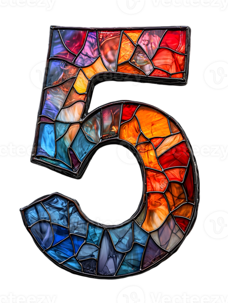 Stained Glass Number Five Mosaic Illustration on Transparent Background Artistic Textured Digital Render for Creative Design png
