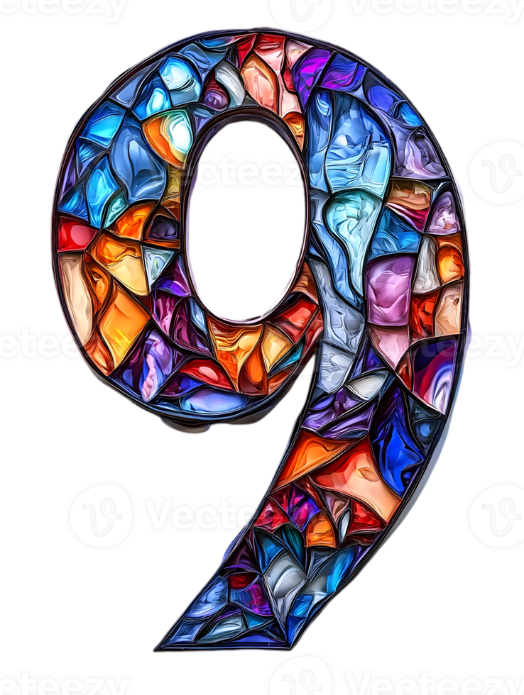Stained Glass Number Nine Mosaic Isolated on Transparent Background with Vibrant Colors and Intricate Art Design png