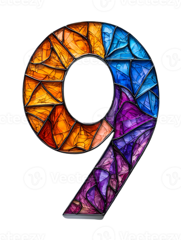 Stained Glass Number Nine with Vibrant Orange Blue and Purple Mosaic Design on Transparent Background png