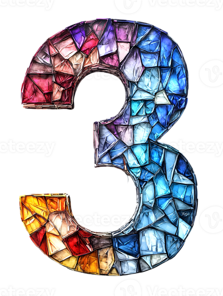 Stained Glass Number Three in Mosaic Style with Red Blue and Yellow Tones on a Transparent Backdrop png