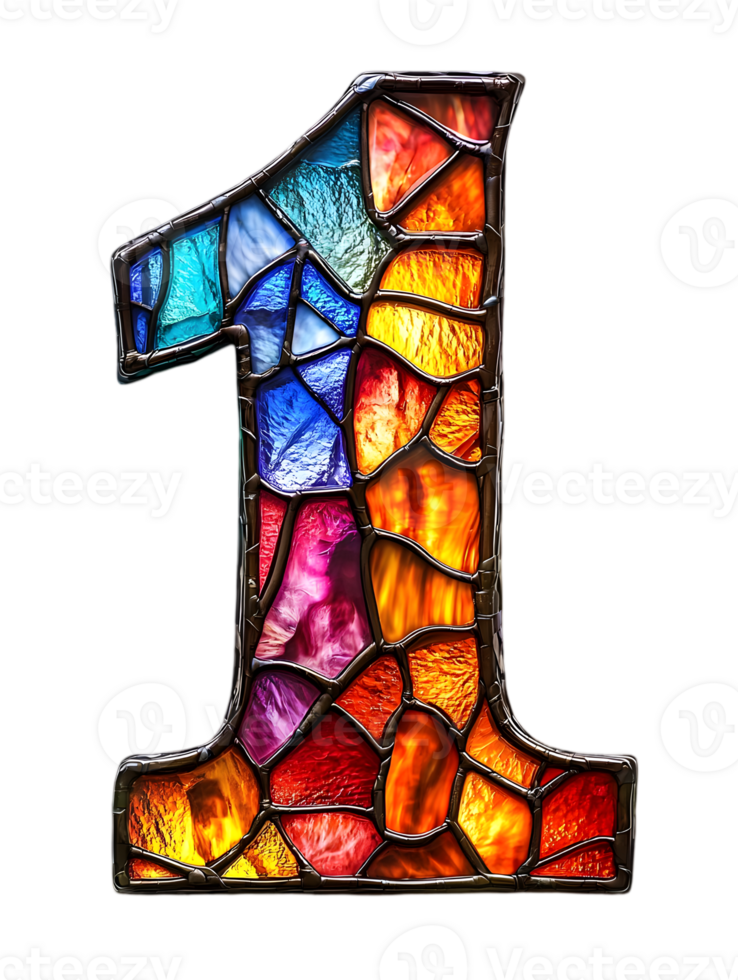 Stained Glass Number One With Mosaic Style Colorful Panels in Transparent Background Number One Shape Ornate Design png
