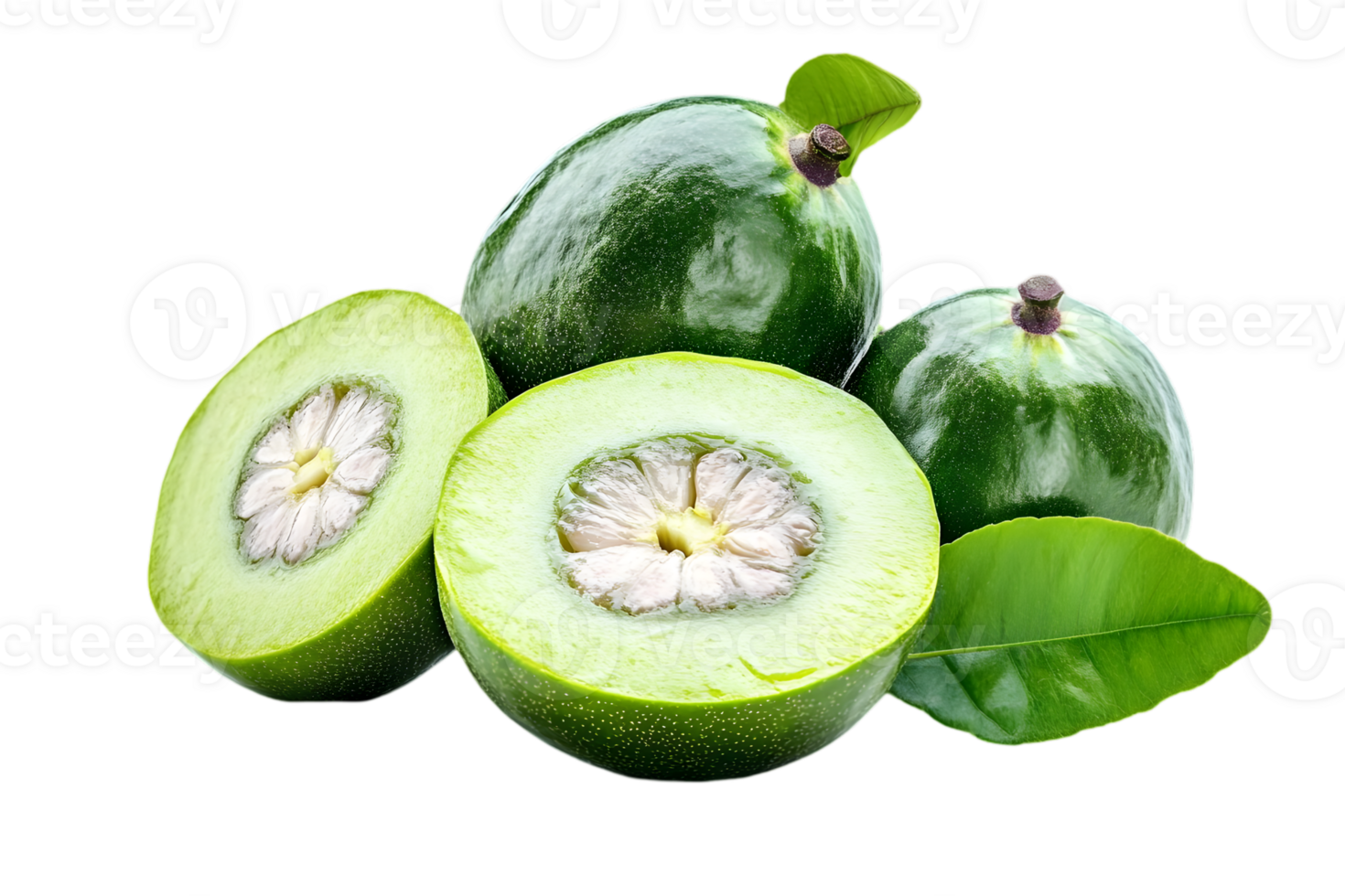 Still Life of Green Wood Apples Sliced on a Transparent Background Displaying Fresh Pulp and Seed Cavities with Vibrant Color and Natural Texture png