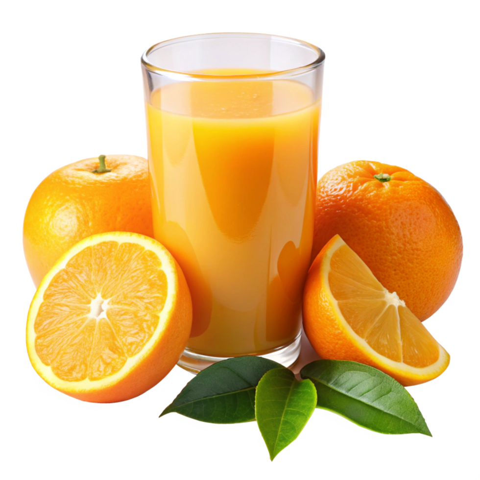 Refreshing Glass of Orange Juice with Slices and Whole Oranges png
