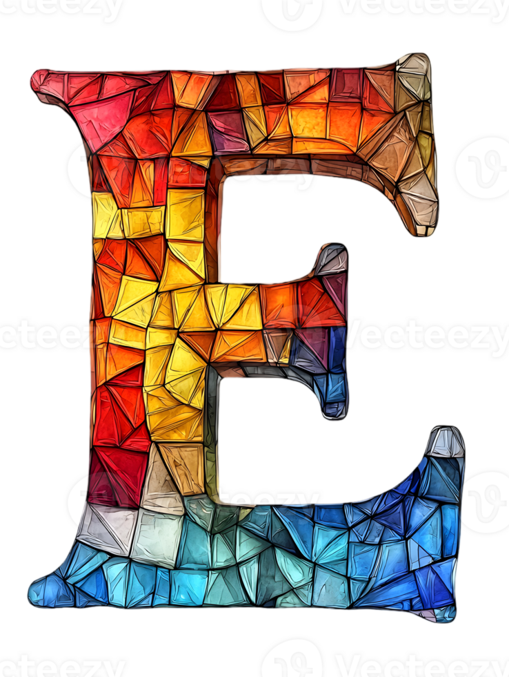 Stylized Letter E Mosaic Stained Glass Design on Transparent Background with Geometric Tile Pattern and Vibrant Color Palette png