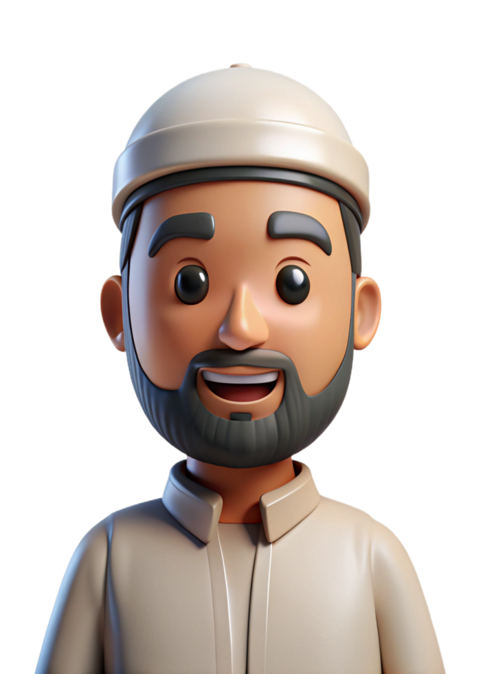 Smiling 3D Render of a Muslim Man Wearing a Traditional Thobe and Kufi png