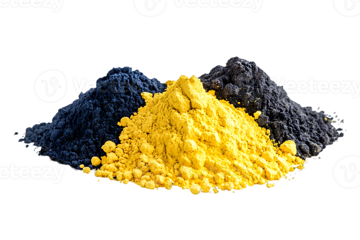 Three Color Pigment Piles Isolated on Transparent Backdrop Yellow Blue and Black Powders in Heaps for Artistic and Decorative Elements png