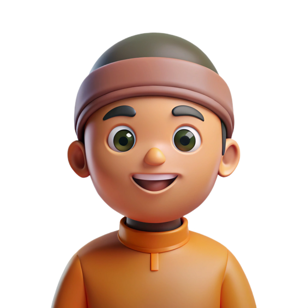Smiling 3D Render of a Young Muslim Boy Wearing a Traditional Orange Outfit and Headwear png