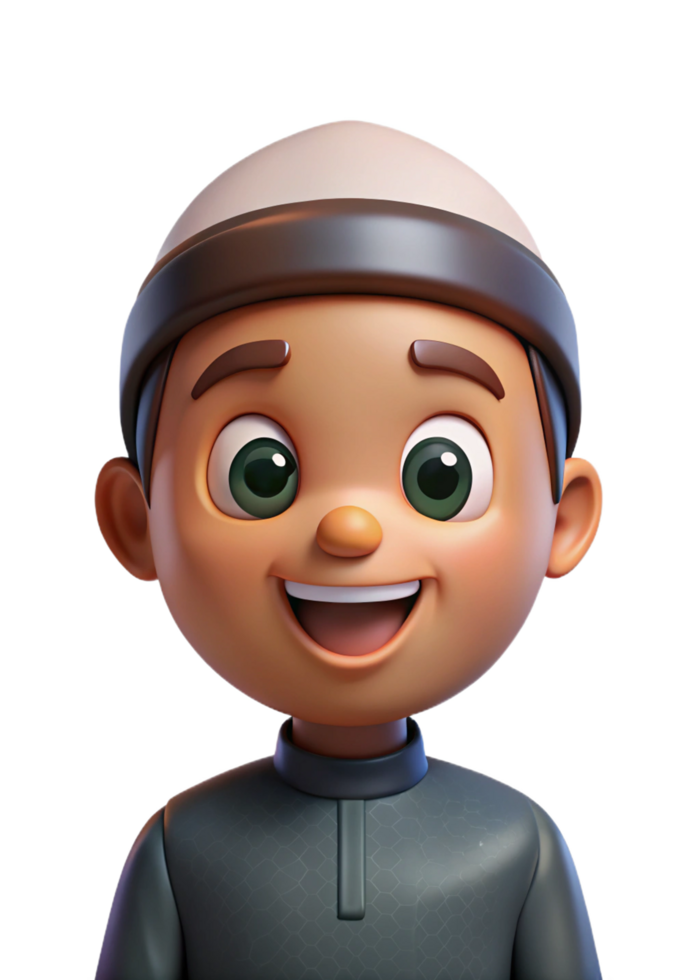Smiling 3D Render of a Cute Muslim Boy Wearing a Kufi Cap png