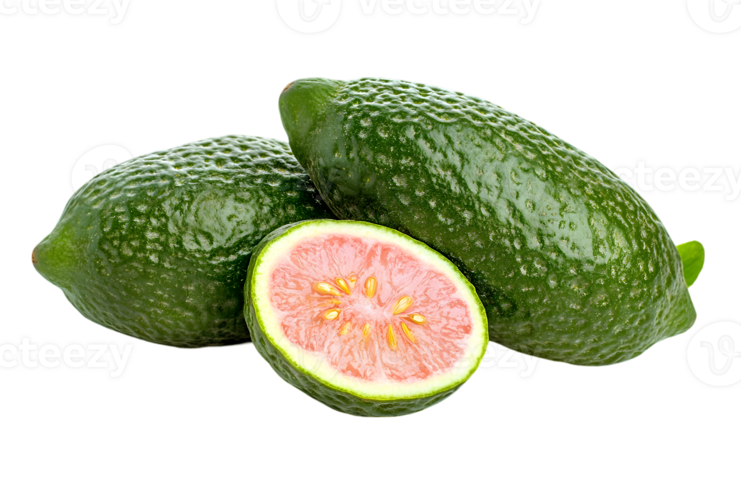 Three Finger Limes with Textured Green Skin and Pink Pulp on a Transparent Background Still Life Studio Shot png
