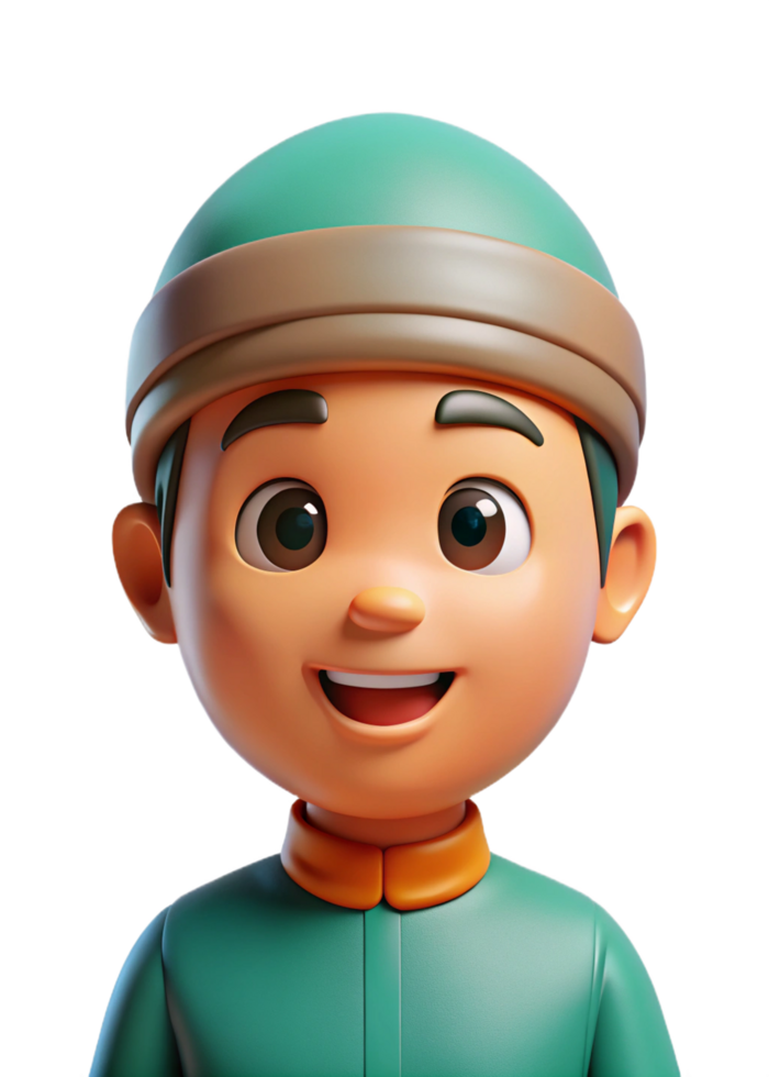 Smiling 3D Render of a Cute Young Boy Wearing a Teal Muslim Cap and Matching Outfit png