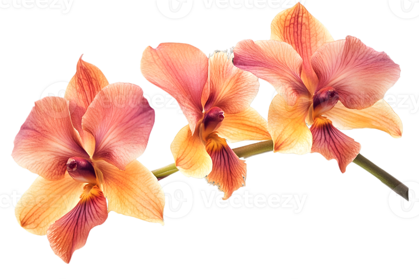 Three Peach and Orange Orchid Blossoms on a Transparent Background in a Horizontal Still Life Studio Shot png