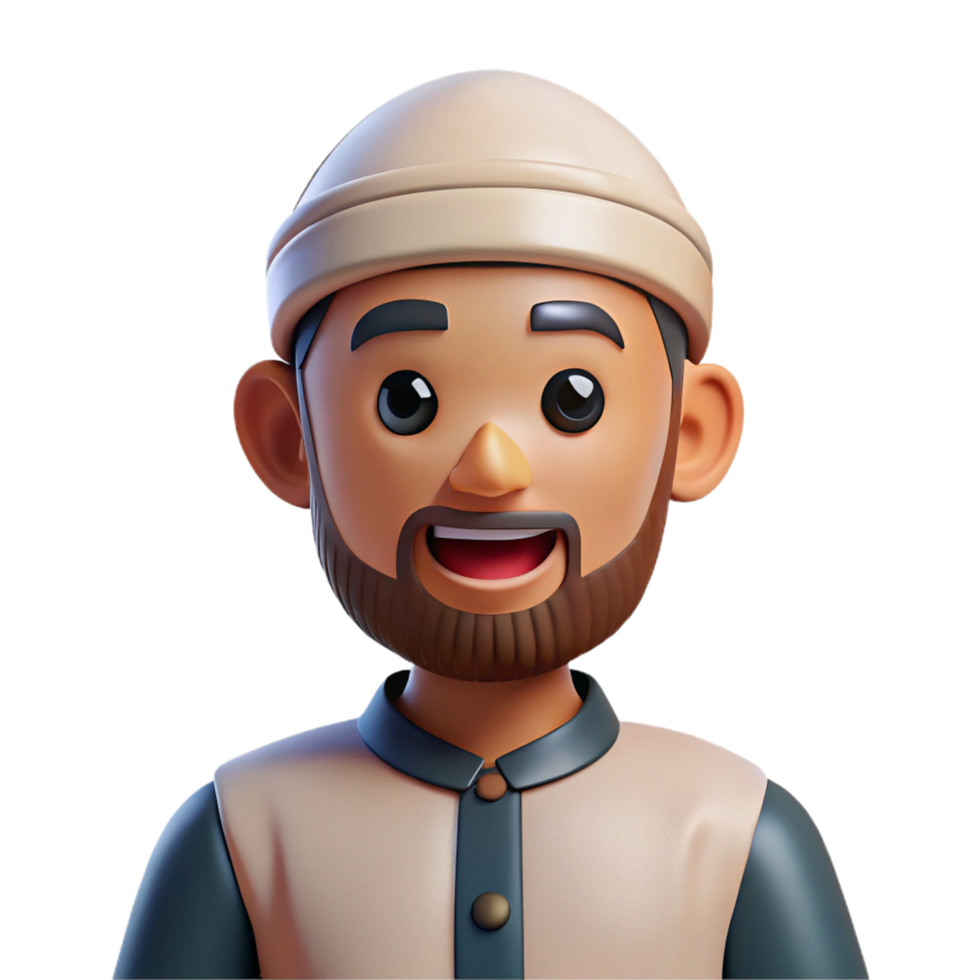 Smiling 3D Render of a Man Wearing a Traditional Muslim Kufi Cap png