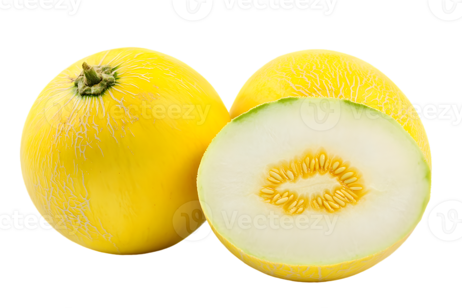 Studio Shot of Ripe Honeydew Melon with Yellow Skin and Cut Half Displaying Seeds on Transparent Background png
