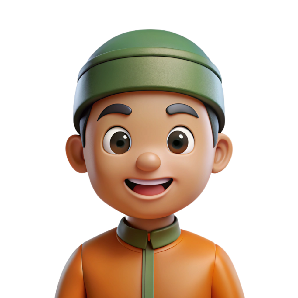 Smiling 3D Render of a Young Boy Wearing a Traditional Muslim Hat and Clothing png