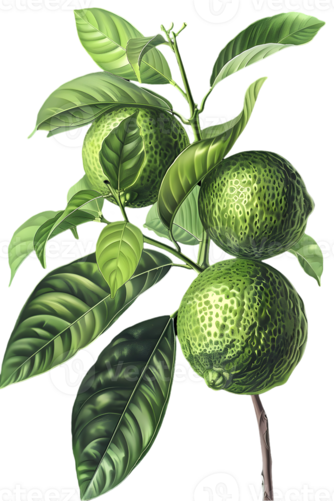 Three Green Limes with Leaves on Branch Isolated on Transparent Background Botanical Watercolor Illustration png