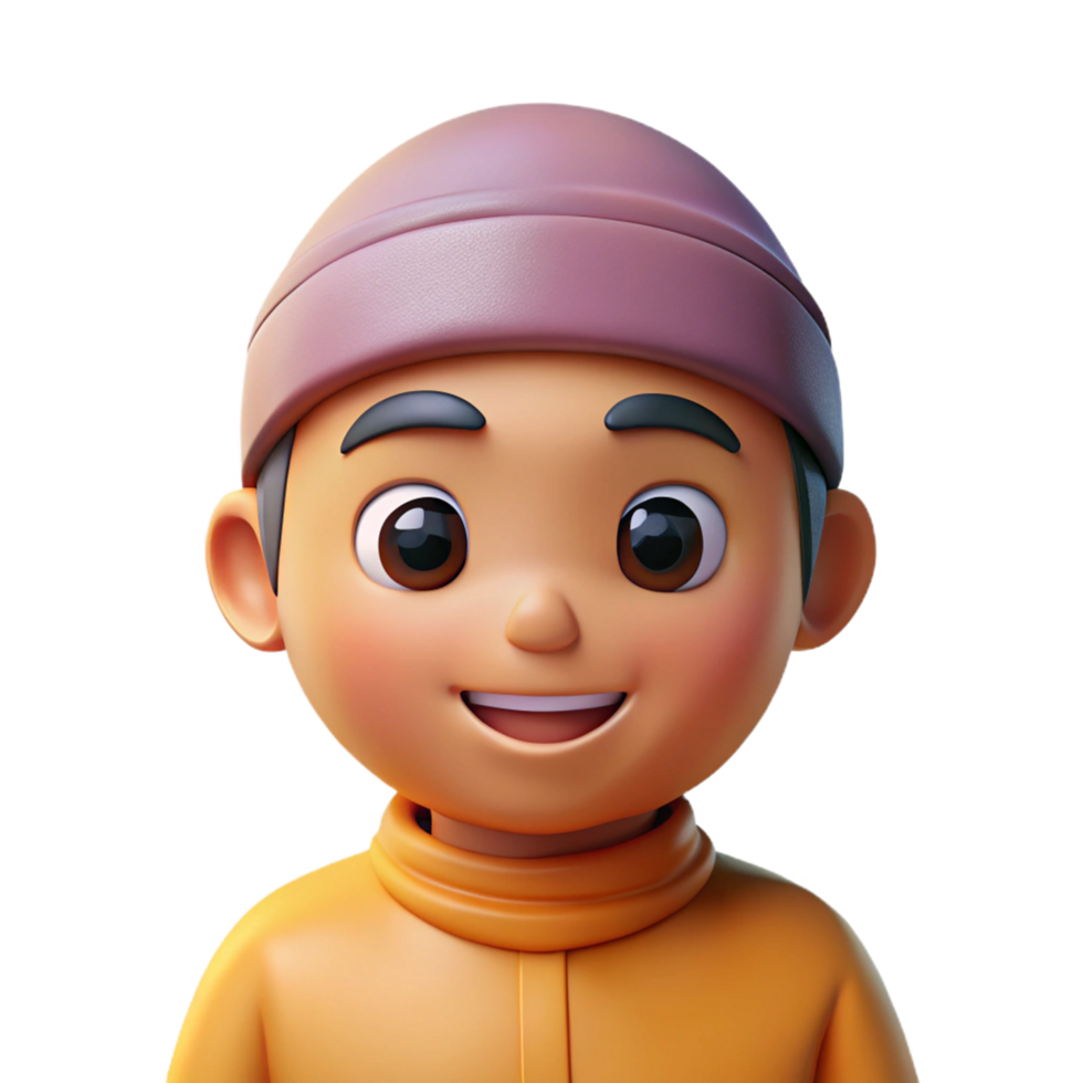 Adorable 3D Render of a Smiling Boy Wearing a Knit Hat and Orange Jacket png