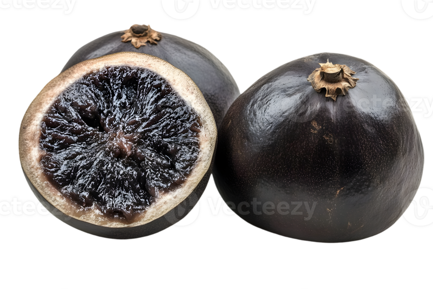 Three Berries on Transparent Background One Cut Open Displaying Pulp Detail png