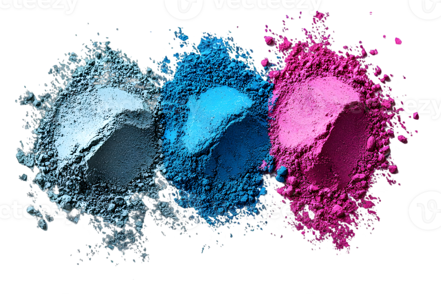 Three Isolated Powder Eyeshadows Crushed and Scattered in Pink Blue and Gray Color Tones Isolated Against a Black Background png