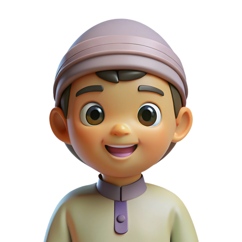 Adorable 3D Render of a Smiling Young Boy Wearing a Traditional Muslim Hat and Clothing png