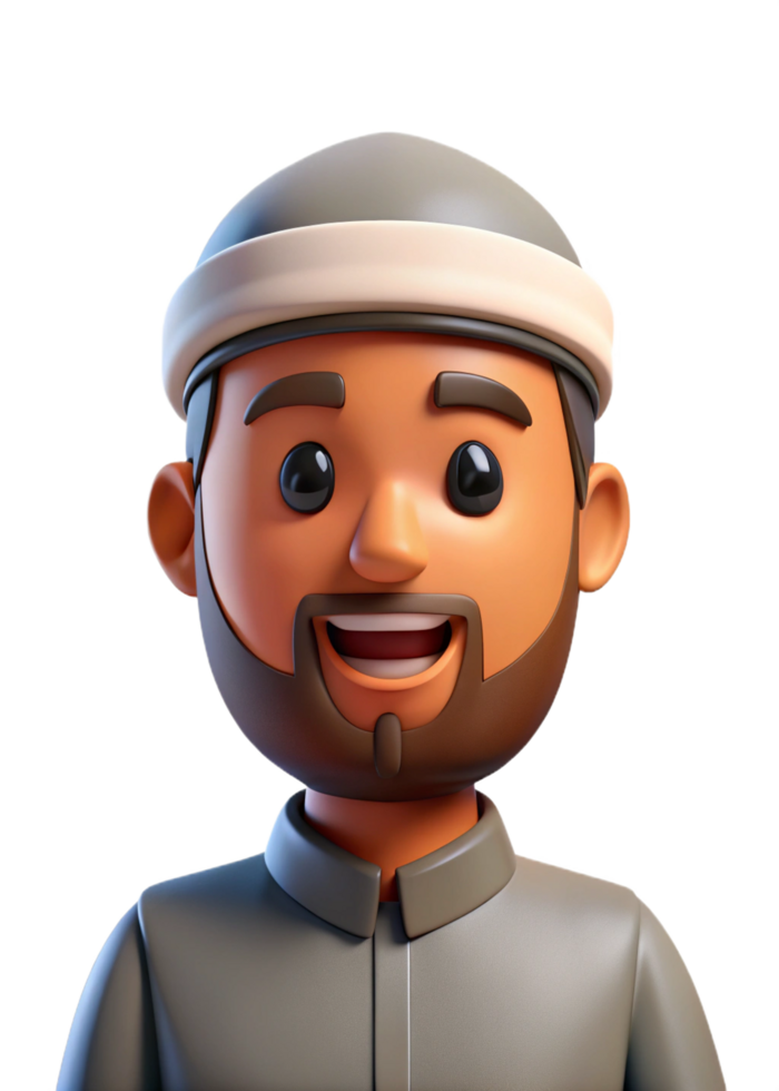 Smiling 3D Render of a Happy Muslim Man Wearing a Traditional Thobe and Kufi png